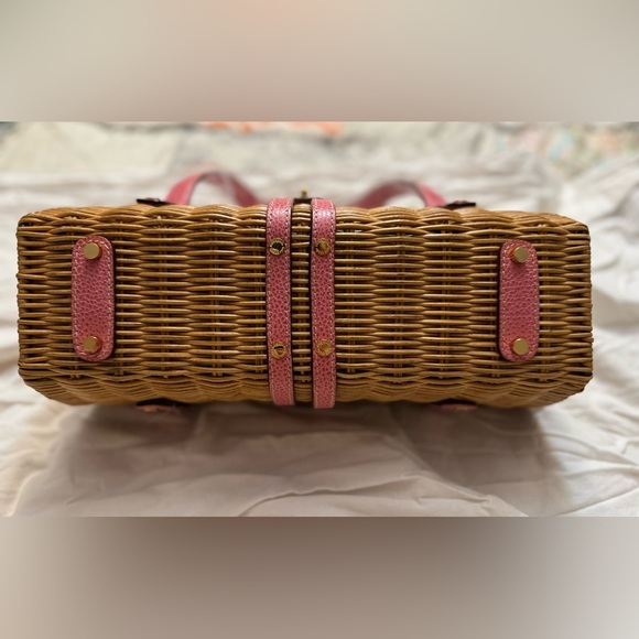 Kate Spade Wicker Picnic Basket Bag NWT Pink Leather Trim Floral Lining - Picture 7 of 9